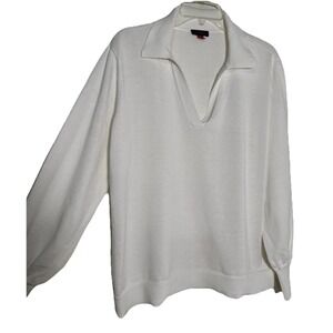 Vince Camuto Sweater V-Neck Collared L White Pullover Top LS Classic Retro
